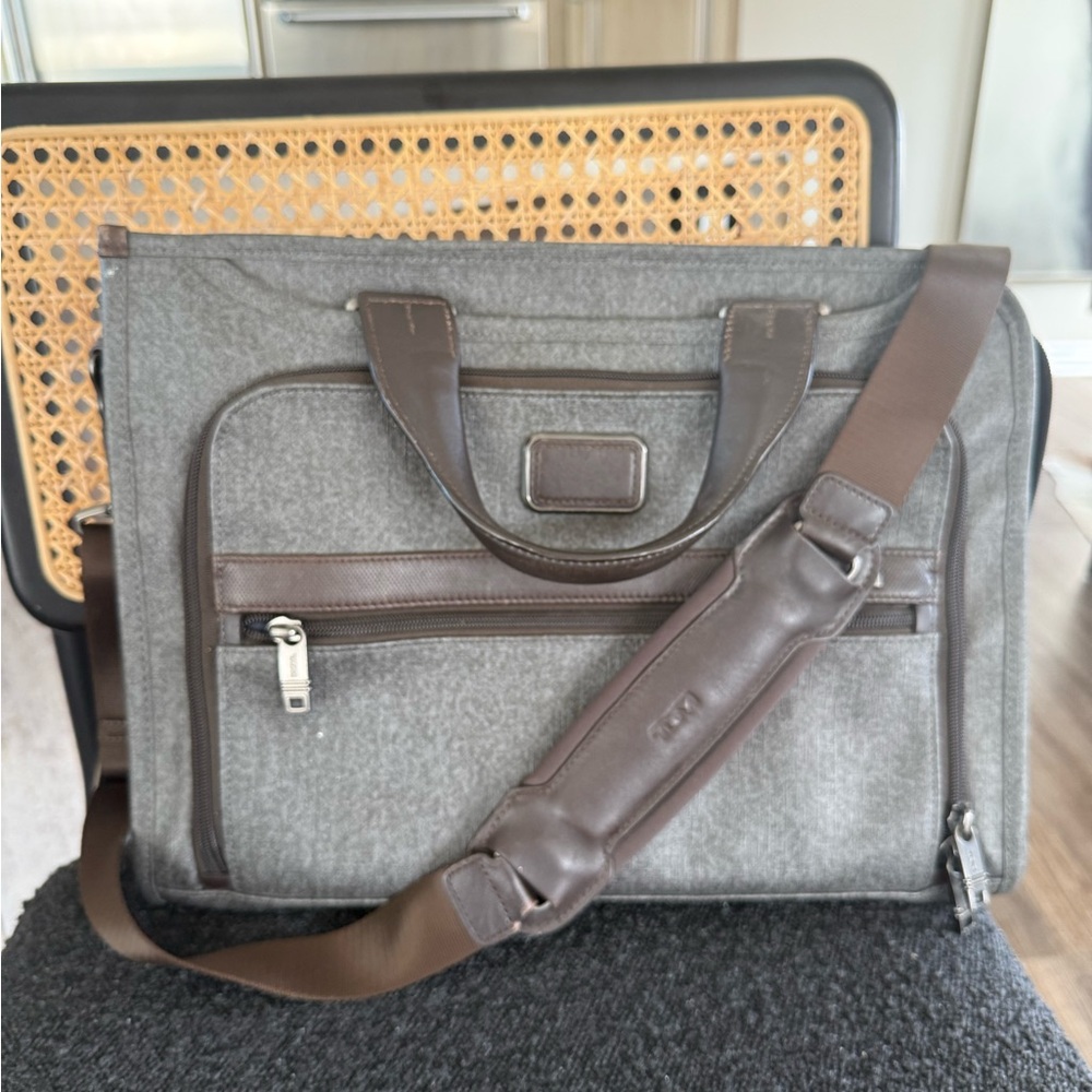 Tumi Gray and Brown Briefcase with Leather Accents